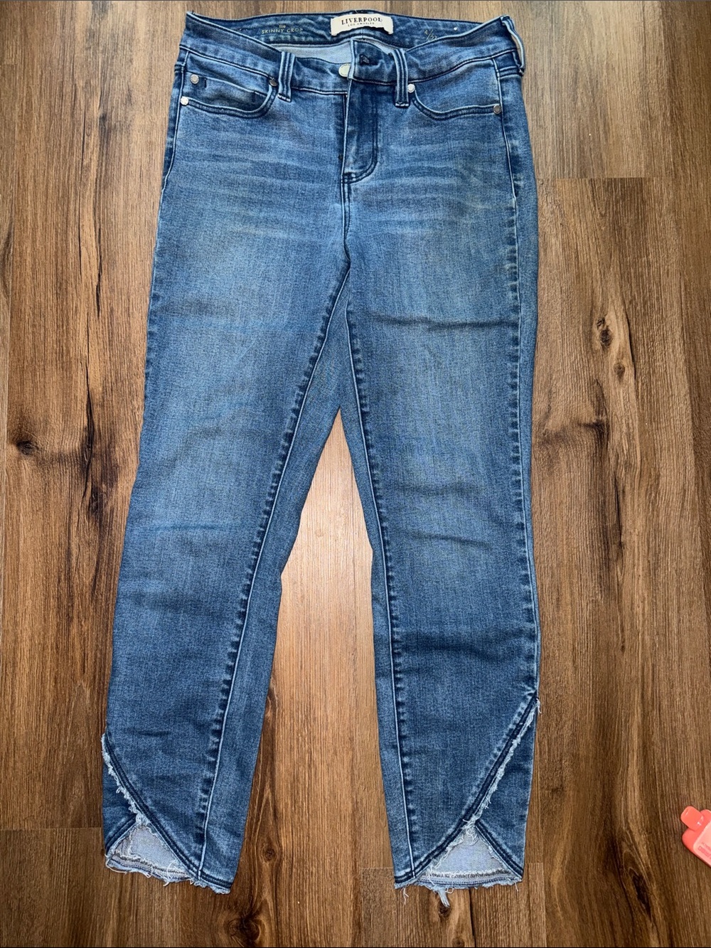 Liverpool Medium Blue Ankle Skinny Jeans with Raw-Crossover Hem